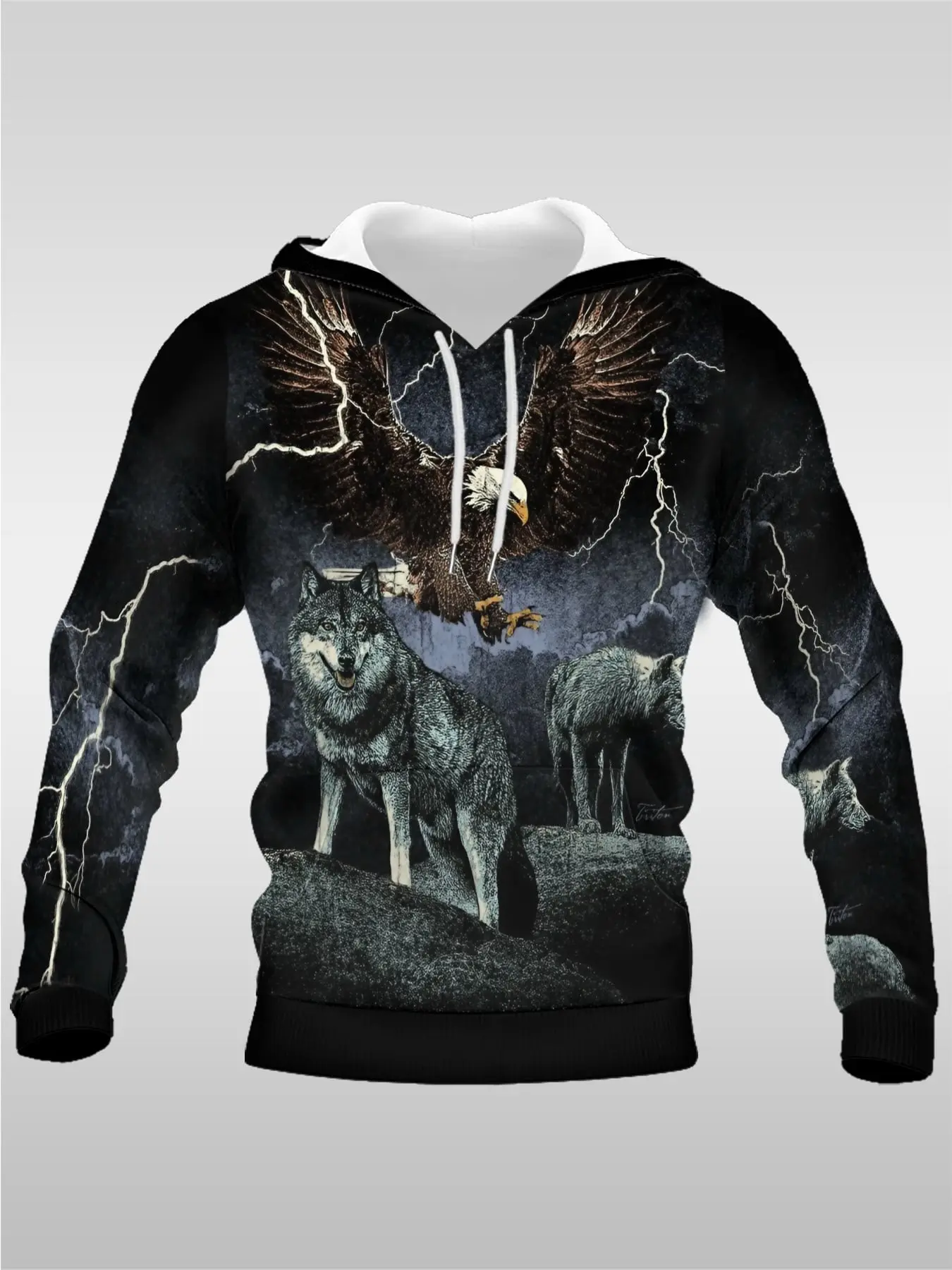 Wilderness Theme Pullover Hoodie, Digital Print Eagle Wolf Pattern, Loose-Fit Long Sleeve Sweatshirt, Punk Style for Spring & Fall