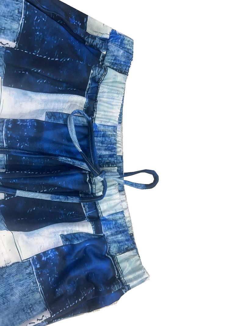 【Plus Size】 Colorblock Patchwork Print Drawstring Waist Pants, Casual Fashion Comfy Pocket Trousers for Daily Wear, Women's Bottoms for Summer