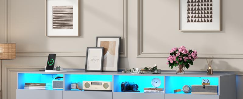 12 Drawer White Dresser with Charging Station & Led Lights for Bedroom, ,Large Dressers Organizer with 4 Open Cubbies Modern Accent Cabinet