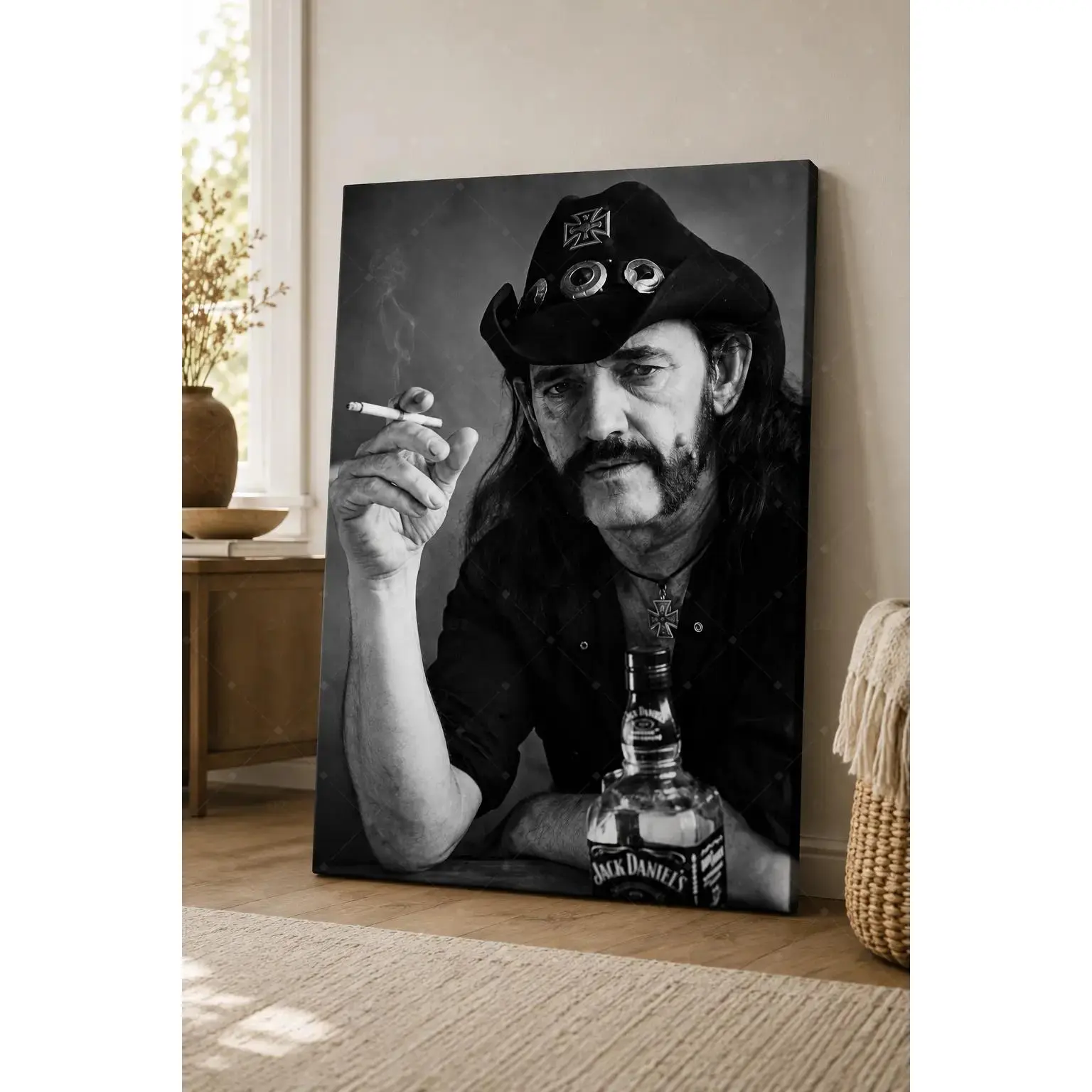 Artistic Decorative Hanging Wood Framed/Unframed Black and White Outlaw Rocker Poster - Vintage Cowboy Hat Musician Portrait with Moody Cigarette, Whiskey Bottle Artwork for Living Room, Man Cave, Rock Music Lover Gift