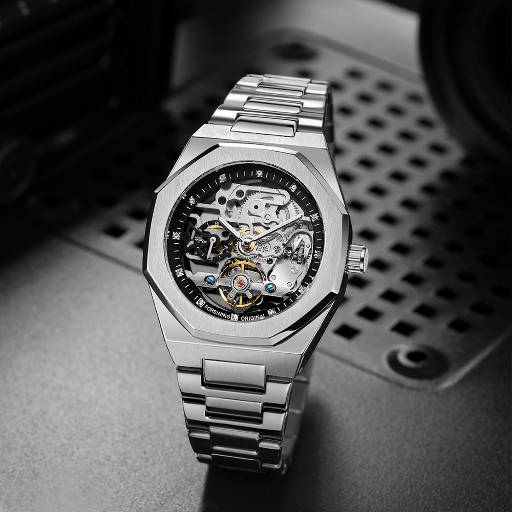 Men's Classic Business Rhinestone Decorated Analog Mechanical Watch, Fashionable Wristwatch for Men, Stylish Watch, Luminous Hands Watch for Party, Daily Clothing Decor, Watch for Birthday Gift with Box, Stainless Steel Wristwatch detail 6