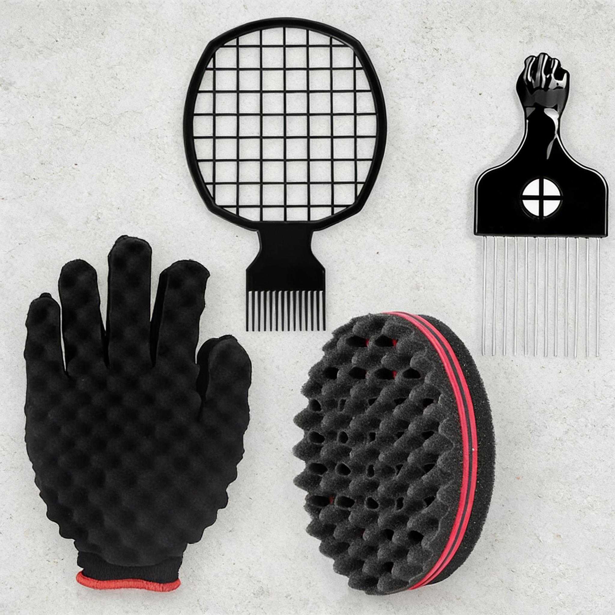 4-Piece Hair Styling Tool Set, Styling Kit, Heatless Styling, Includes Sponge Curl Brush, Perm Grid Comb, Sponge Gloves, Steel Needle Curling Comb, Braiding Tools for Salons