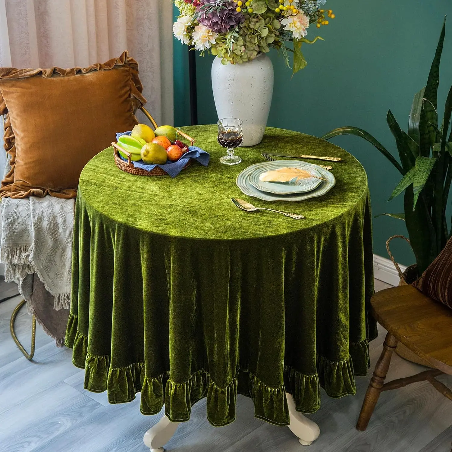Luxurious Velvet-Linen Solid Tablecloth - Round/Oblong Retro Farmhouse Ruffle Design, Washable Cover for Party, Wedding, Kitchen Dining Tabletop Decoration