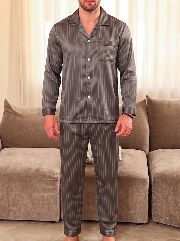 Men's Long Sleeve Striped Print Pajamas, Cozy Comfortable Casual Home Wear, Suitable for Spring Autumn All Seasons, Daily Two-Piece Set
