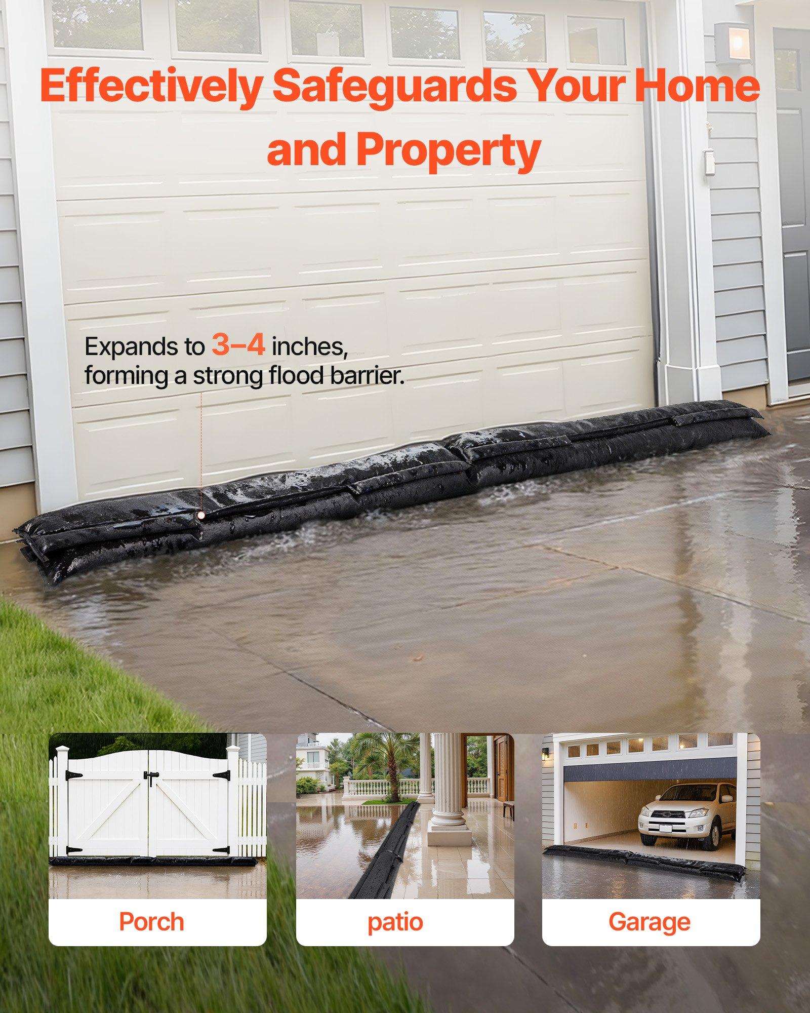 VEVOR Flood Barrier, 4 Pack, 5x 0.7 ft Flood Bags Activated by Water, Reusable Water Absorbent Barrier, Sandless Sandbags Blockage, Flooding Prevention Bags for Home, Doorway, Basement, Garage
