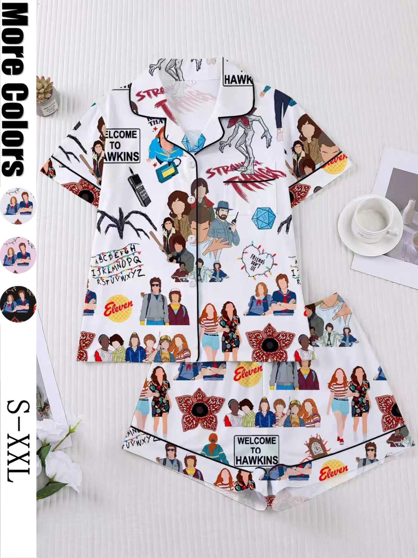 Women's Sleepwear Set, Short Sleeve Button-Down Soft Top & Elastic Shorts, Casual Comfortable Home Wear for Daily Use