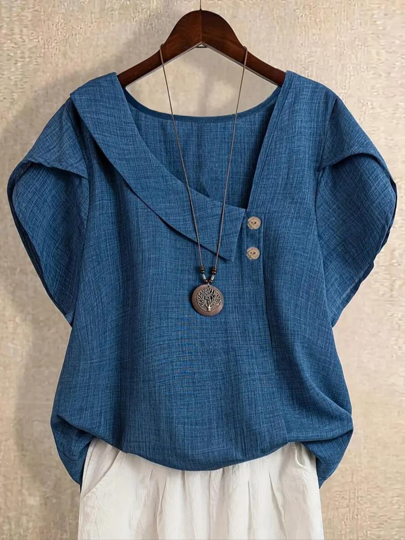 Elegant Asymmetrical Neckline Shirt Set for Women, Lightweight Short Sleeve Petal Design, Breathable Solid Color Top, Casual Elegance