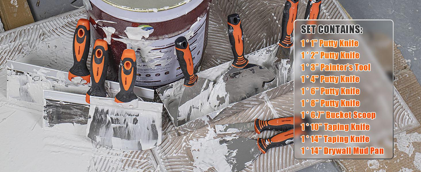 THINKWORK Drywall Hand Tool Kit 10 Pieces Stainless Steel Drywall Machine Set with Ergonomic Handle Mud Pan & Seamer for DIY Projects