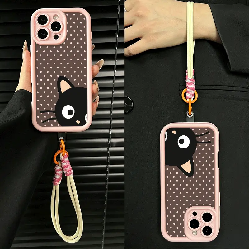 Kawaii Chococat Cartoon Durable Cell Lanyard Phone Case for iPhone 17 Pro Max/18/17/16/15 Plus/14-11 & Samsung Galaxy S26-S21, Shockproof Drop-Buffer TPU Bumper, Rugged Durable Back Cover, Cute Accessories, Halloween Stuff for Women Gifts