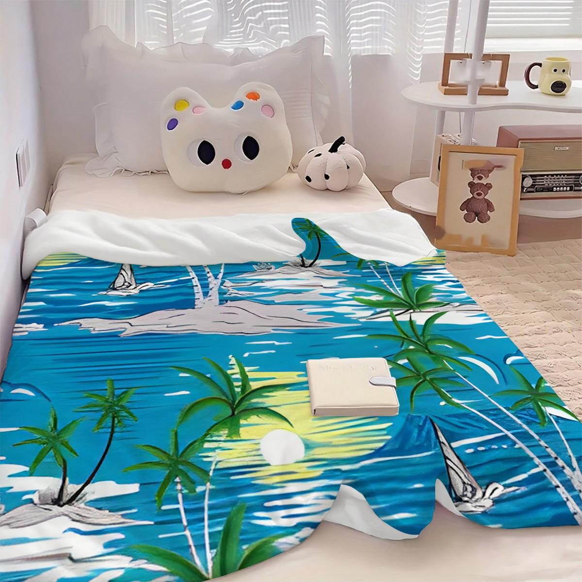 Tropical Island Coconut Print Blanket, Soft and Lightweight, Ideal for Sofa, Bedroom, Office, Outdoor, Multi-Use, Vacation Gift