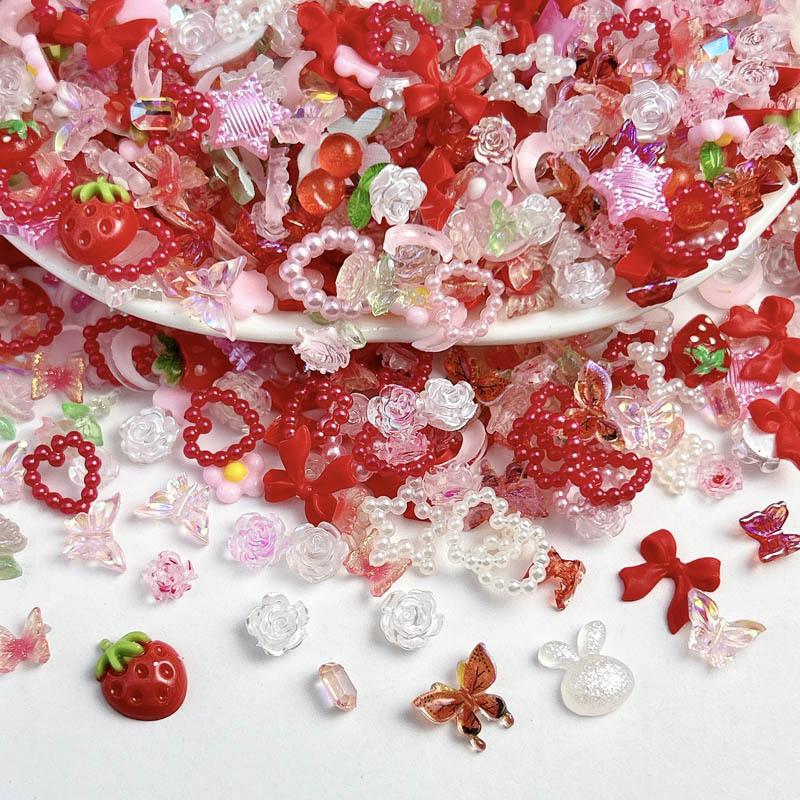 100PCS 3D Creative Strawberry Bow Cherry Resin Nail Charms Simulated Pearl Heart Transparent Camellia Butterfly Rose Decorations for Women DIY Phone Case Nail Art Supplies