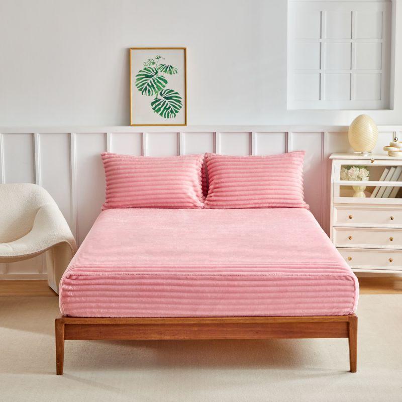 3.3 Inch Elastic Bed Sheet Set, Deep Pocket Design Fitted Sheets, Polyester Fiber, No Print Style, Thick Velvet Fabric, 11.81 Inches Tall