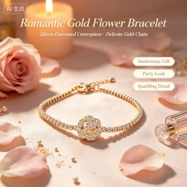 Female Crystal Camellia Tennis Bracelet-Bangle with Fully Paved Camellia Charm, Adjustable Chain That Fits Most Wrists, Light-Catching Design for Soft Radiant Glow, Ideal for Everyday Casual or Special Occasions