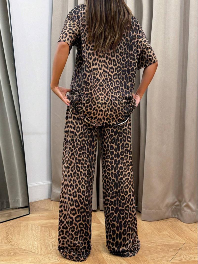 Women's Leopard Print Loungewear Two-piece Set, Elegant Casual Comfy Round Neck Short Sleeve Top & Elastic Waist Wide Leg Pants PJ Set for Indoor Outdoor Wear, Ladies Sleepwear for All Seasons, Matching Lounge Sets, Leopard Print Pajamas