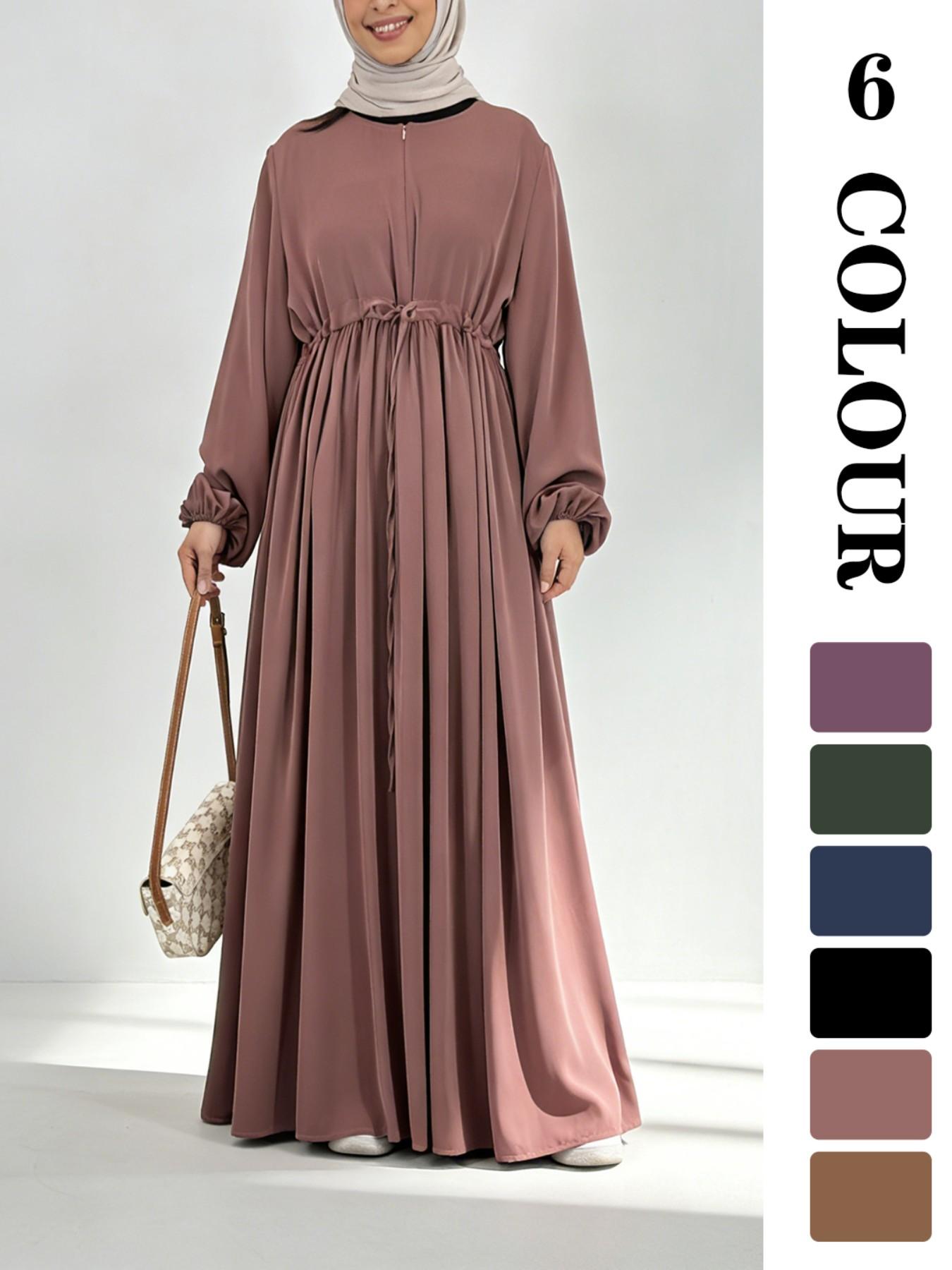 Women's Solid Color Belted Arabian Dress, Elegant Long Sleeve Round Neck Dress for Daily Wear, Ladies Islamic Clothing for All Seasons, Modest Abaya Dress