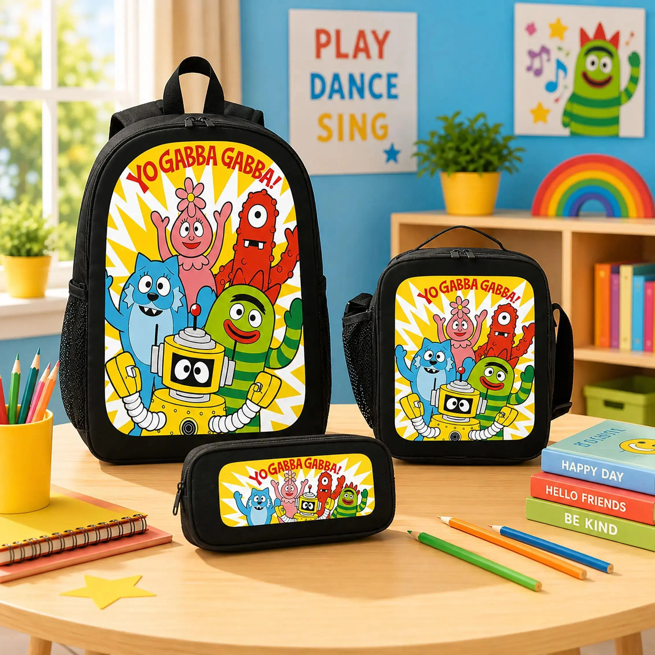 Yo Gabba Gabba Backpack Set Lunch Bag Pencil Case Polyester Lightweight Durable School Travel Daily Carry Back To School Birthday Gift For Kids Boys Girls Teens Students Fans Cute Cartoon Merch TikTok Viral Trending Fashion Accessories