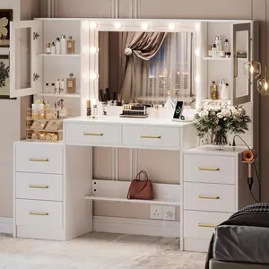 White Wooden  with Mirror and Built-in Charging Station Large Dressing Table Makeup Vanity Set  with LED Light for Bedroom Indoor Dressing Area glass top sturdy stool