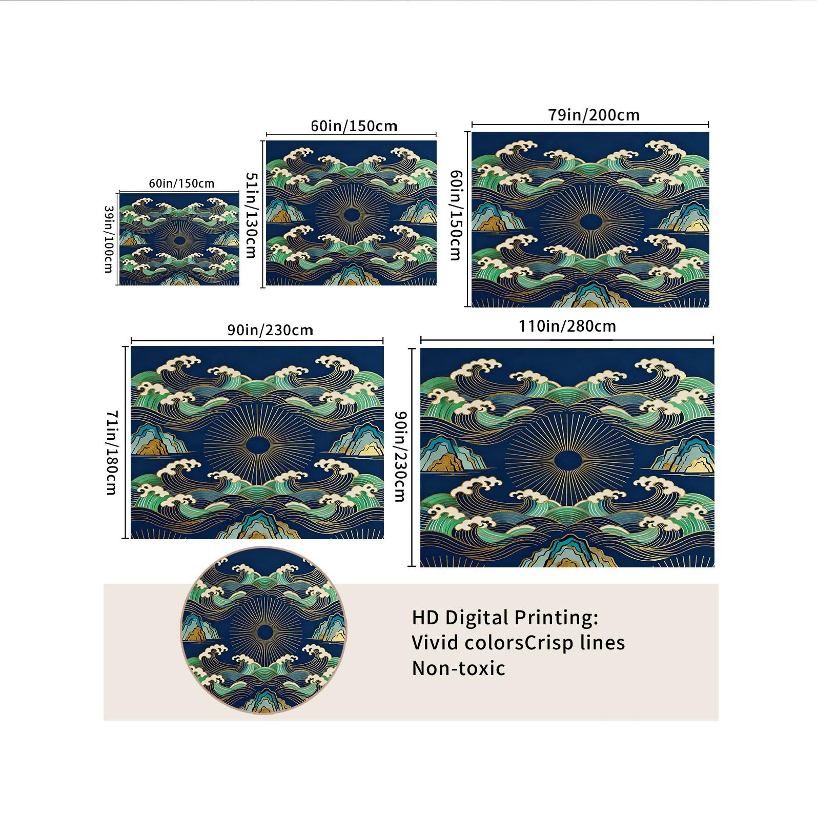 1 Piece Japanese Wave Sun Tapestry, Navy Blue Gold Foil Great Wave HD Digital Print Wall Hanging, Boho Polyester Tapestry, Lightweight Fade-Resistant, Easy to Hang for Bedroom, Living Room & Dorm