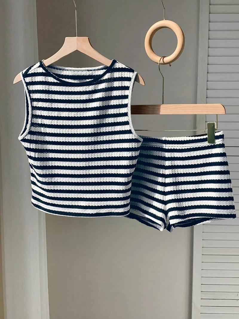 Two-piece Set Women's Striped Pattern  Tank Top & Shorts, Casual Sleeveless Round Neck Top & Shorts for Summer, Ladies Clothes for Daily Wear, Knitted Shorts Set