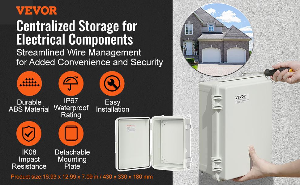VEVOR Outdoor Electrical Junction Box, 16.93x 12.99x 7.09 in, ABS Plastic Electrical Enclosure Box with Hinged Cover Stainless Steel Latch, IP67 Dustproof Waterproof for Outdoor Electrical Projects