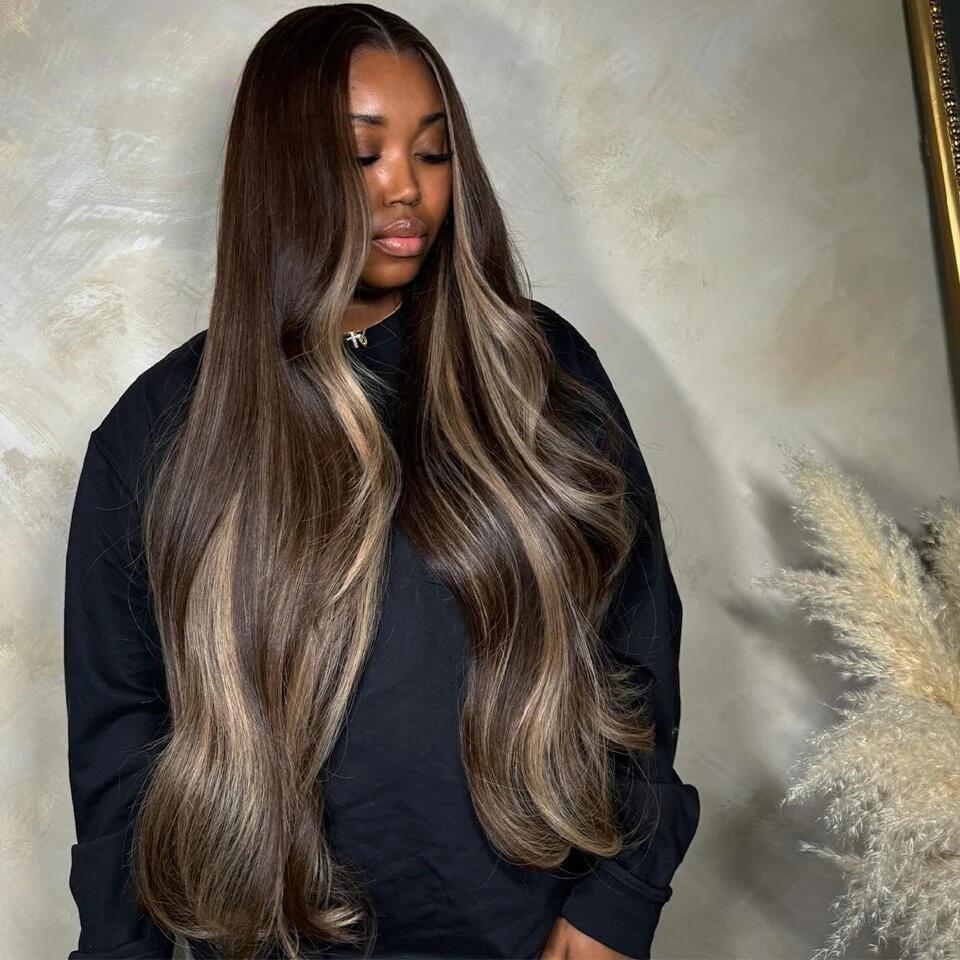 Brown Blonde Highlight Balayage Wig 13X6 Body Wave Human Hair Lace Front Wigs Pre Plucked 180% Density Highlight Ombre Colored Wigs Transparent Lace Frontal Wig Human Hair For Woman Natural Hairline SpringStatements