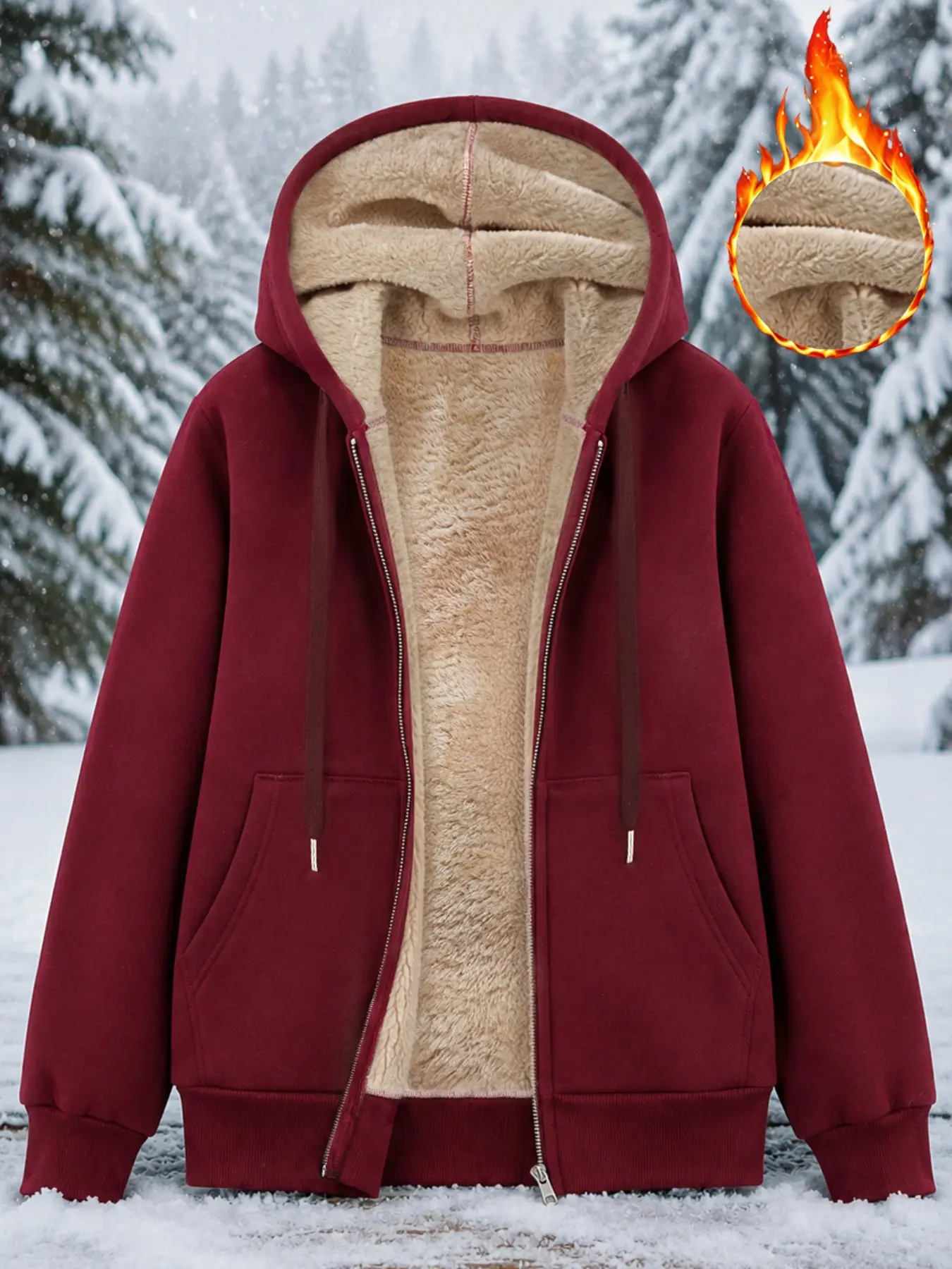 Women's Fall Winter Polar Fleece Lined Hooded Zip-Up Jacket, Casual Thickened Loose-Fit Sweatshirt, Warm Home Commute Outerwear