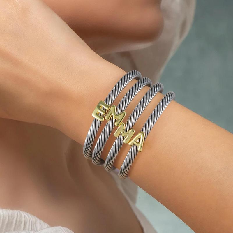 Aprilery Initial Personalized Customization DIY A-Z Letter Cable Cuff Jewelry – Personalized Christmas Gift for Women, Two-Tone Open Bangle Bracelet