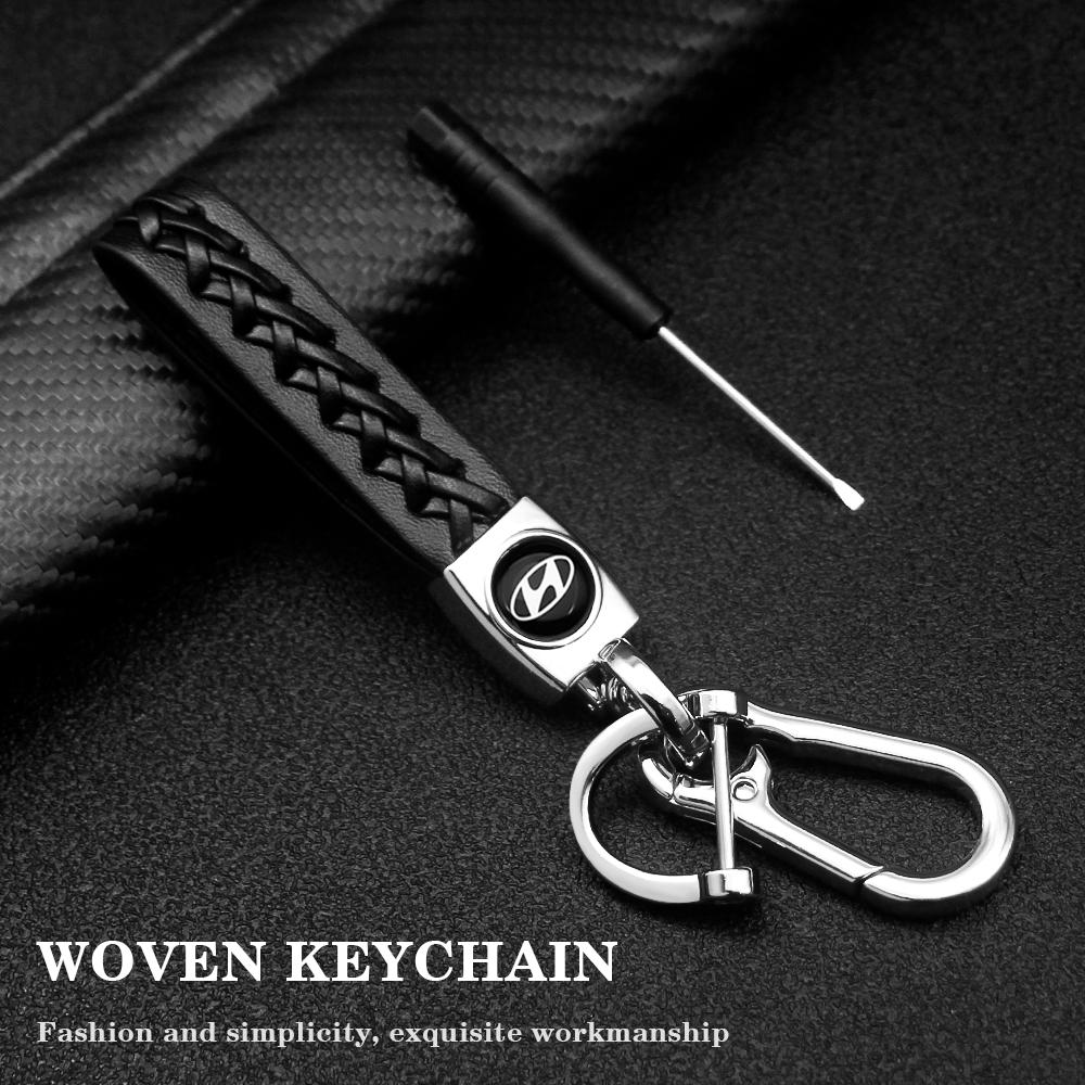 Hyundai Car Logo Leather Keychain, Woven Leather Strap Design, Metal Clip Key Holder, Durable Alloy Car Key Ring, Fashionable Alloy Keychain