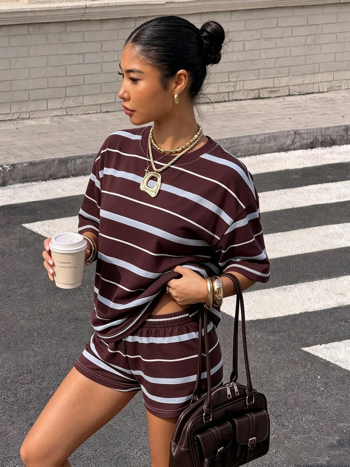Women Two Piece Loungewear Set, Multi Tone Striped Tee & Mini Shorts, Soft Stretch, Casual Streetwear, Home, Comfortable Daily Wear
