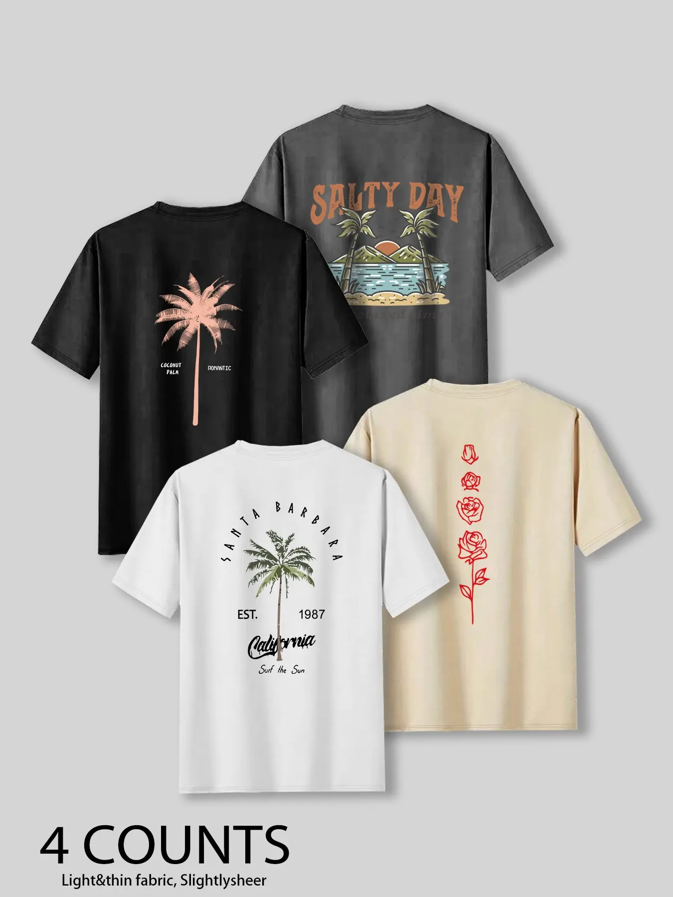 Men's Summer Casual T-Shirt Set, 4-Piece Loose Round Neck Short Sleeve, Vacation Travel Print, Street Style, Fitted H-Type