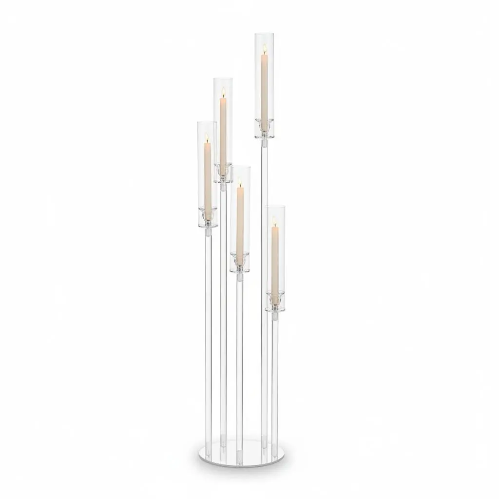 Elegant 45.7in 5-Arm Clear Acrylic Candelabra Centerpiece with Removable Shades – Floor or Table Candle Holder for Weddings, Parties, Home Decor (Candle Not Included)