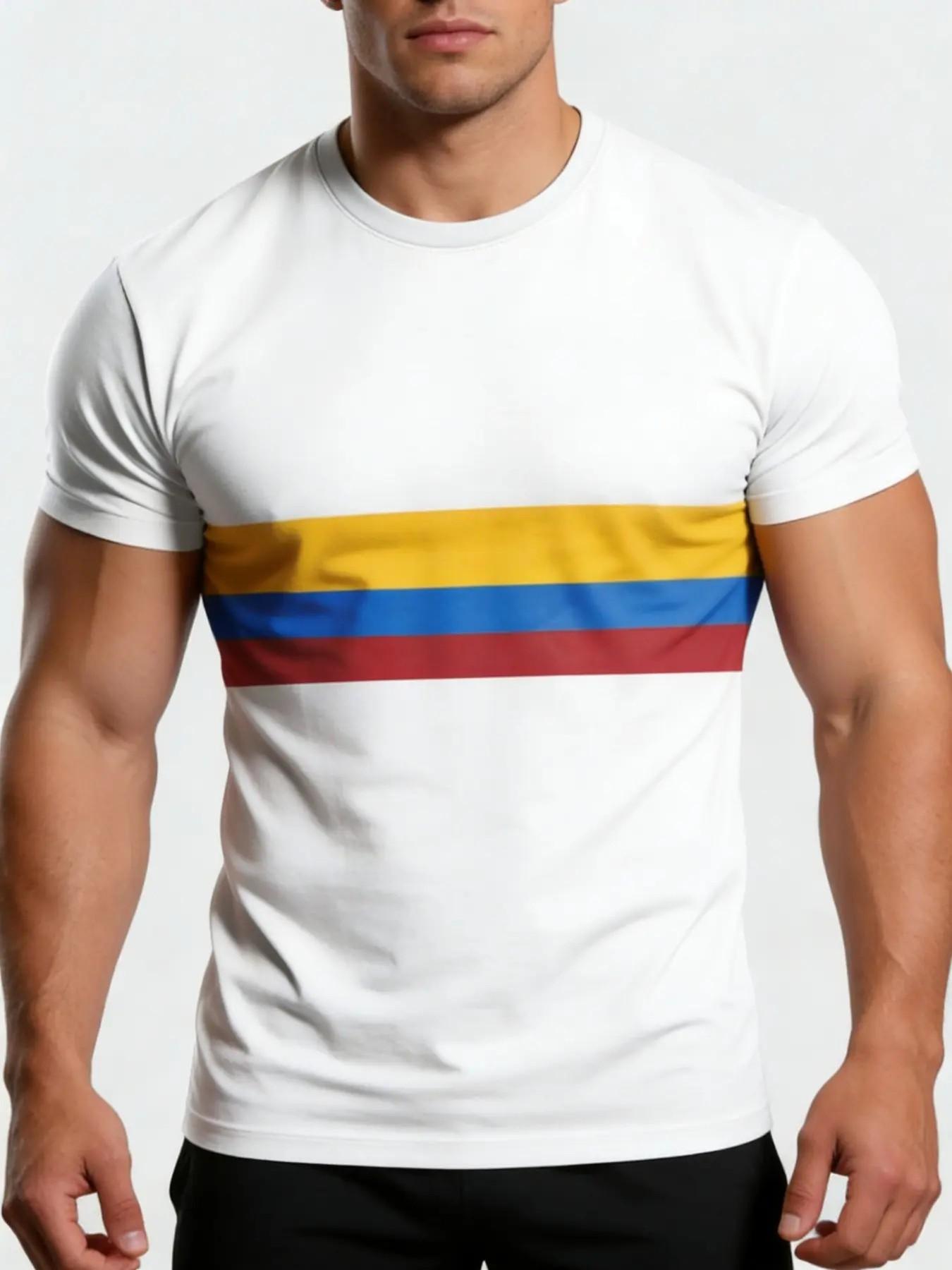 Men's Columbia Flag Striped Print T-Shirt, Blue National Pride Round Neck Short Sleeve Top, Sporty Loose-Fit All-Season Clothing