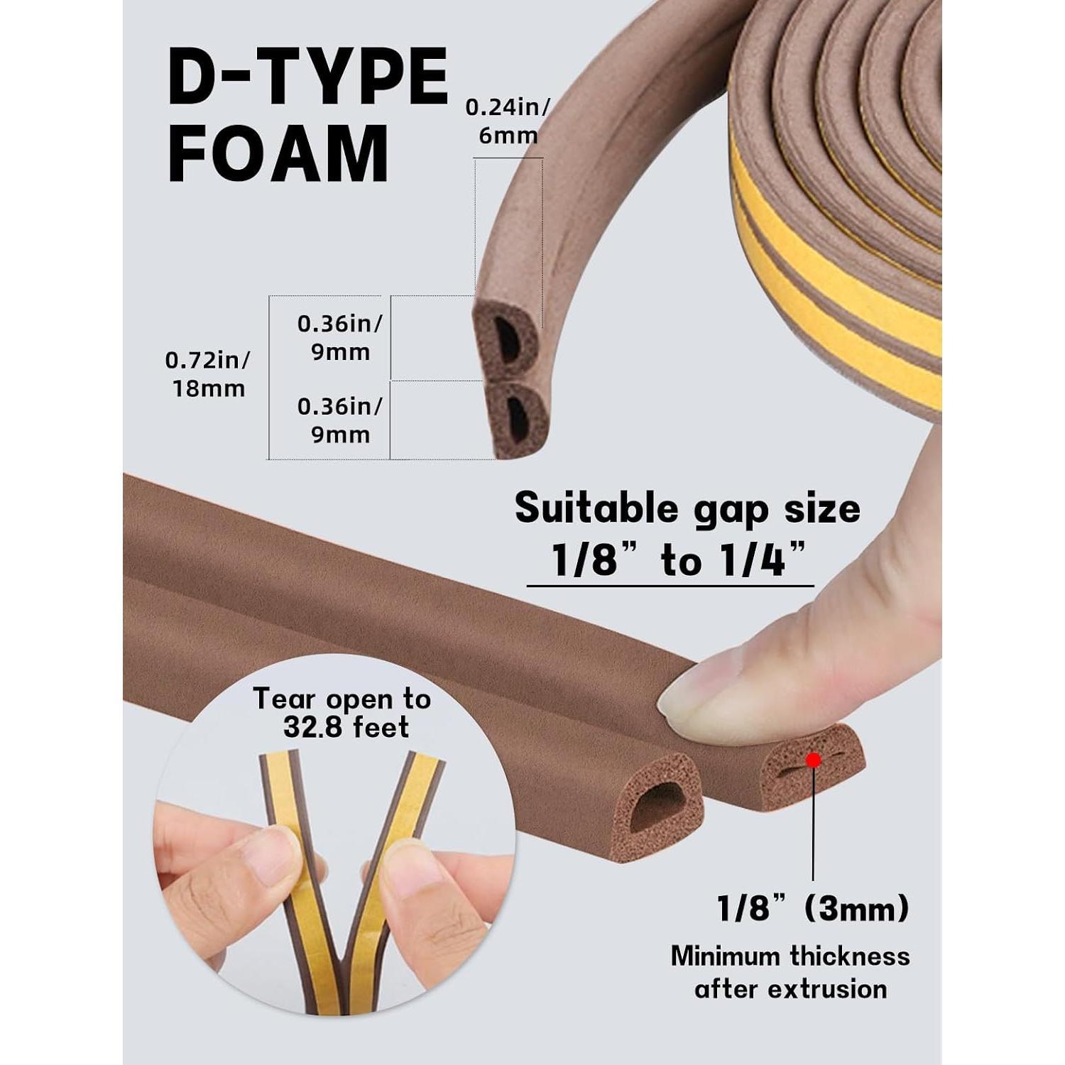 32.8 Ft Weather Stripping Door Seal Strip,Self Adhesive Door Soundproofing D Shaped Weatherstripping for Door Frame/Window,Brown,3/8" W × 1/4" T