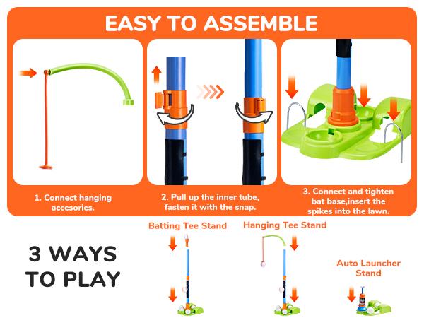 JoyCat Sport Toys, 3-in-1 T Ball Sets, Baseball Training Equipment with Tee Ball Stand, Hanging Tee, Ball Launcher, Kid Outdoor Play, Adjustable Height