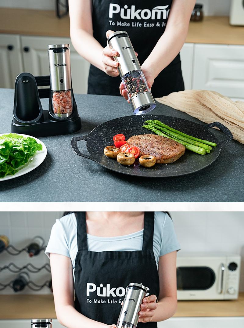 PUKOMC Rechargeable Salt & Pepper Grinder Set: 6 Settings, One-Hand Use,Detachable for Cleaning - Includes 12 Refills & Accessories! Kitchen Seasoning Utensils Coarseness Adjustable Base Style