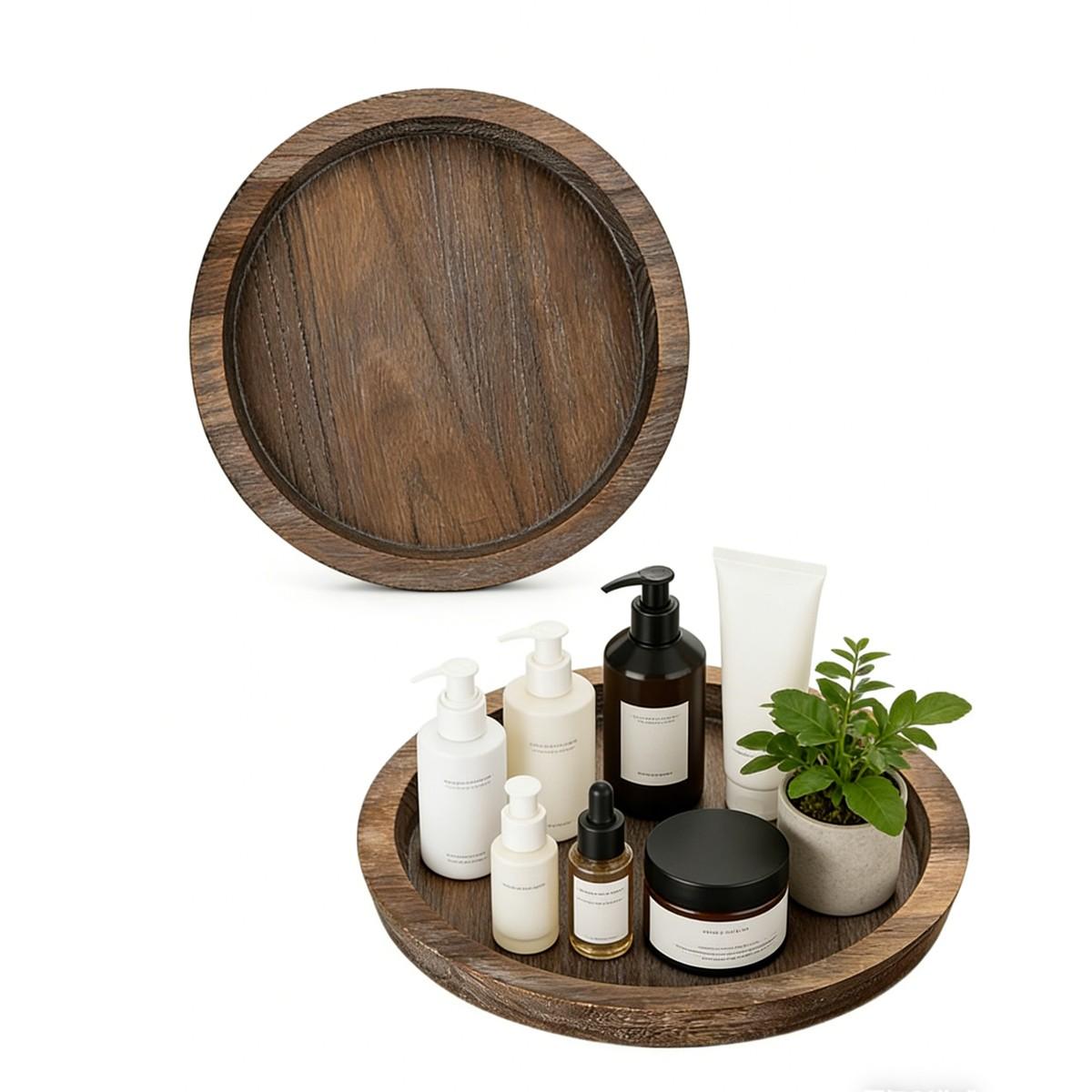 Multifunctional Wooden Tray, Decorative Round Jewelry Storage Tray for Bathroom Vanity, Rustic Farmhouse Coffee Table Decoration