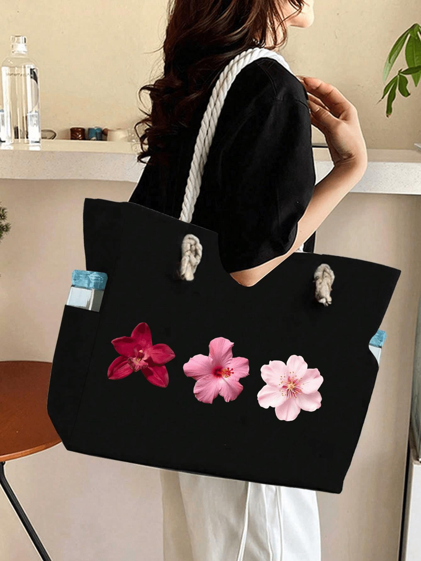 Sunflower, hibiscus, tropical flowers, egg flower handbag set - large capacity shoulder bag with side pockets and matching small storage bag, can be used as a travel handbag