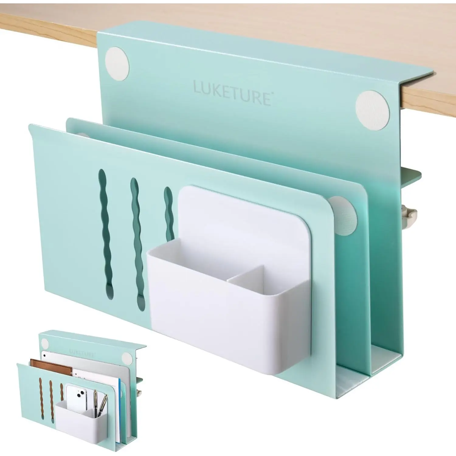 2-Tier Steel Hanging Desk Organizer - No-Drill Home Supplies for Bedroom/Office, Laptop Holder, Pen Stand, Paper Organizer, Stationery Storage, Fits 0.3"-2.8" Flat Edges Tables, Under Desk Organizer