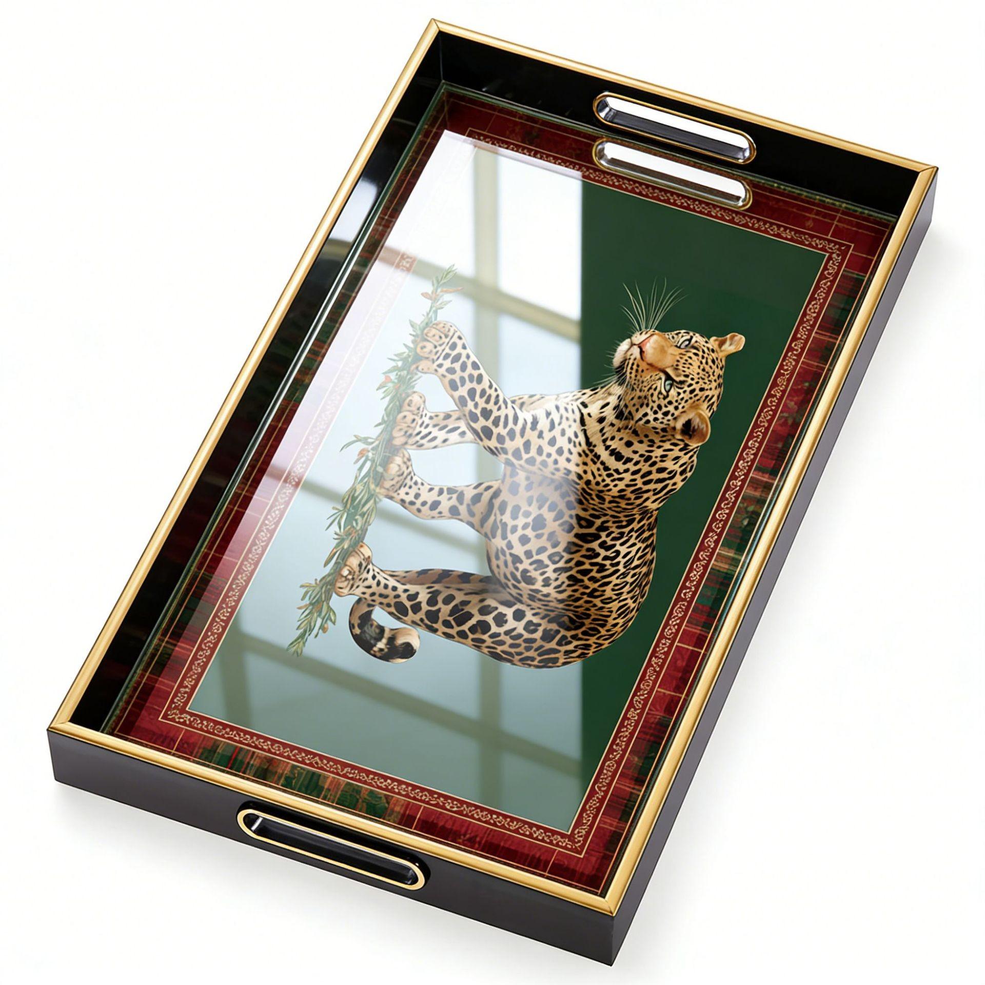 American Style Luxury Retro Leopard Print Tray, Rectangular Tea Tray with Handles, Living Room Decor Storage Dish, Elegant Home Accessory