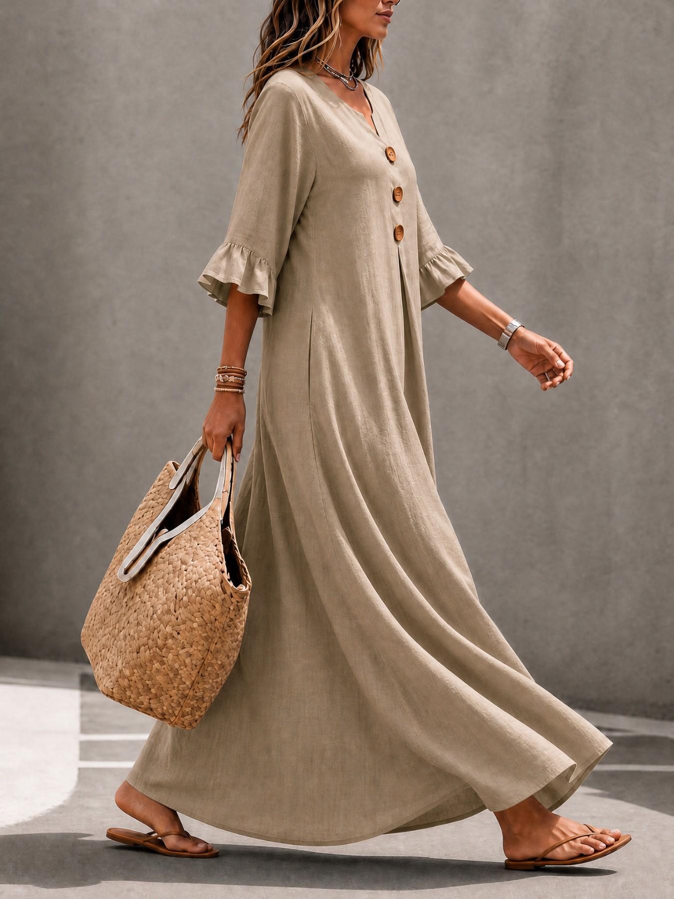 Women's Boho Style Loose-Fitting Wooden Texture V-Neck Dress, Leaf Sleeve Round Button A-Line Long Dress, All Seasons Fashion