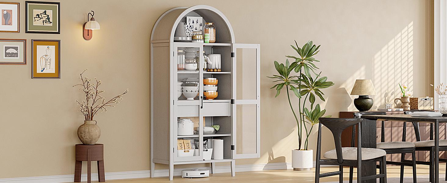 【SPOTLIGHT DAY】ONBRILL 71" Tall Arched Cabinet, 5-Tier Arched Kitchen Pantry with Glass Doors & Drawer, Modern Display Pantry Cabinets with Adjustable Feet, Wooden Pantry for Kitchen, Living & Dining Room, White