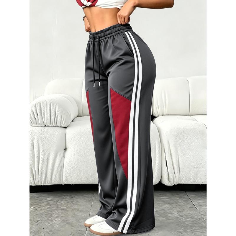 Women's Casual Wide Leg Athletic Pants,Double‑Side Stripes Contrast Patchwork Joggers,Elastic Drawstring Waist Relaxed Fit Streetwear Sweatpants for Daily Wear