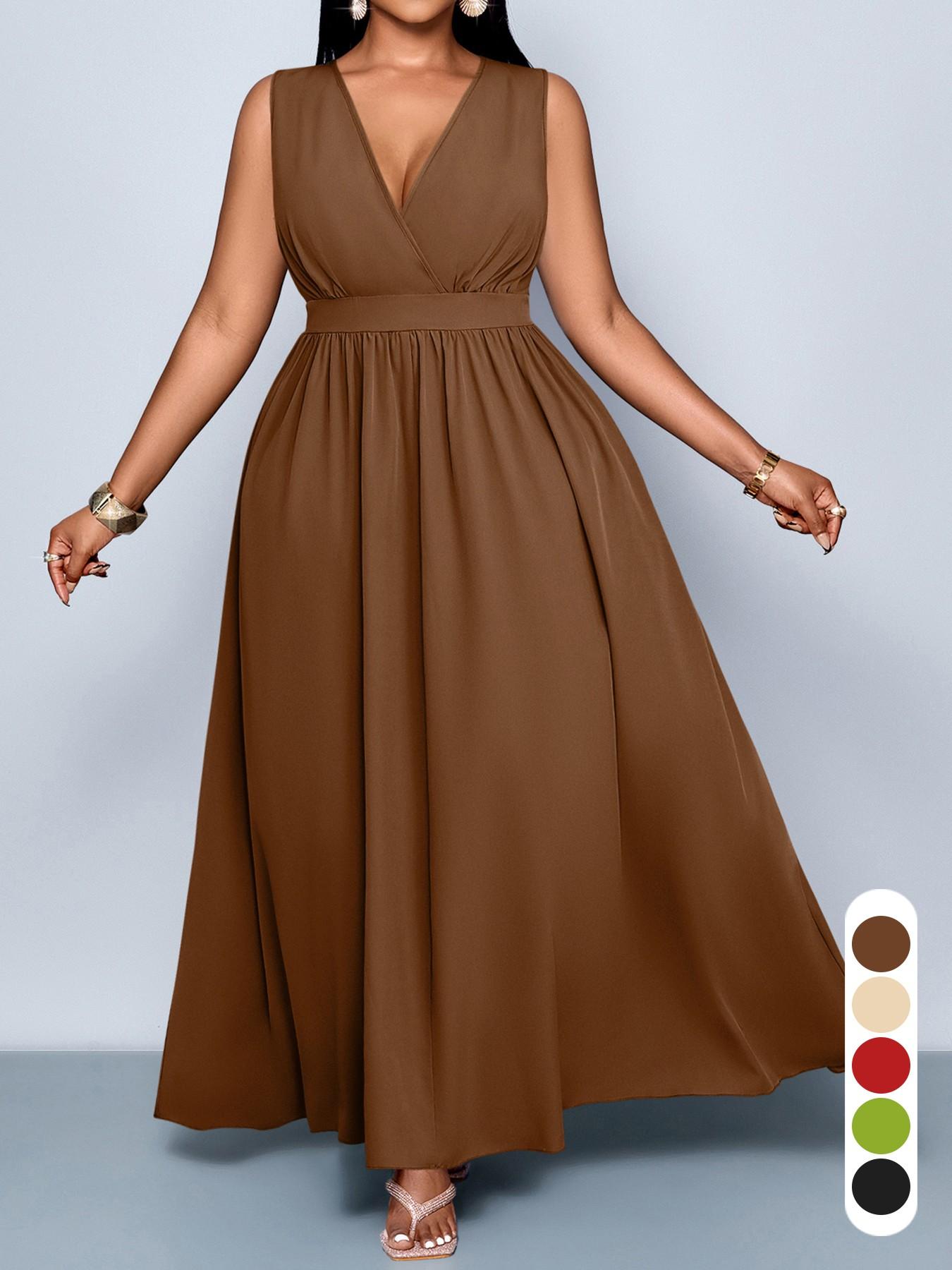 Plus Size Women's Elegant Sexy Casual Sleeveless High Waist A-Line Dress, Spring Summer Plain Color Plus Size V Neck Fitted Dress Womenswear