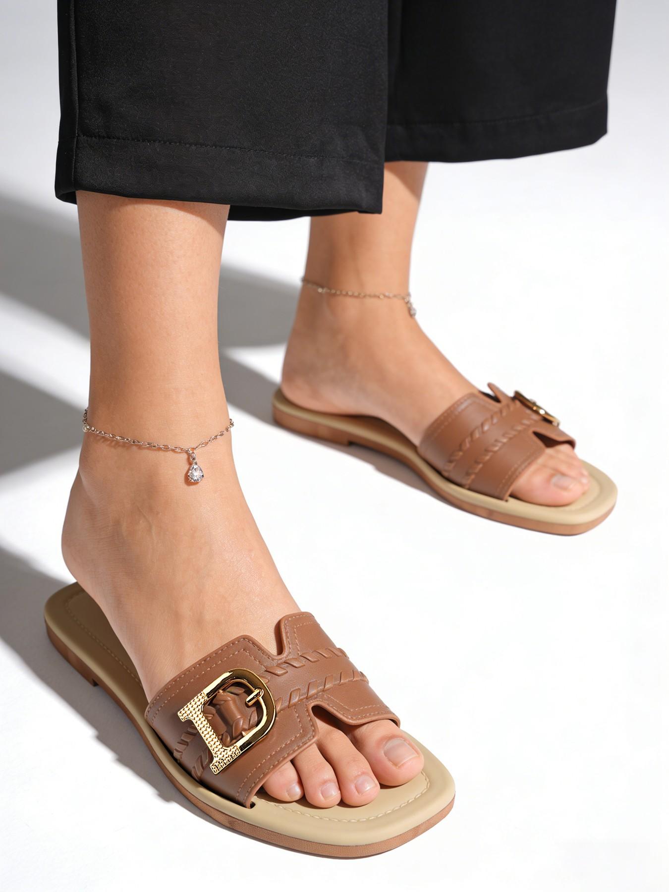 Women's Open-Toe Sandals with Decorative Buckle, Lightweight Breathable Flat Shoes, Cute Casual Style, All Seasons, Indoor Outdoor Use