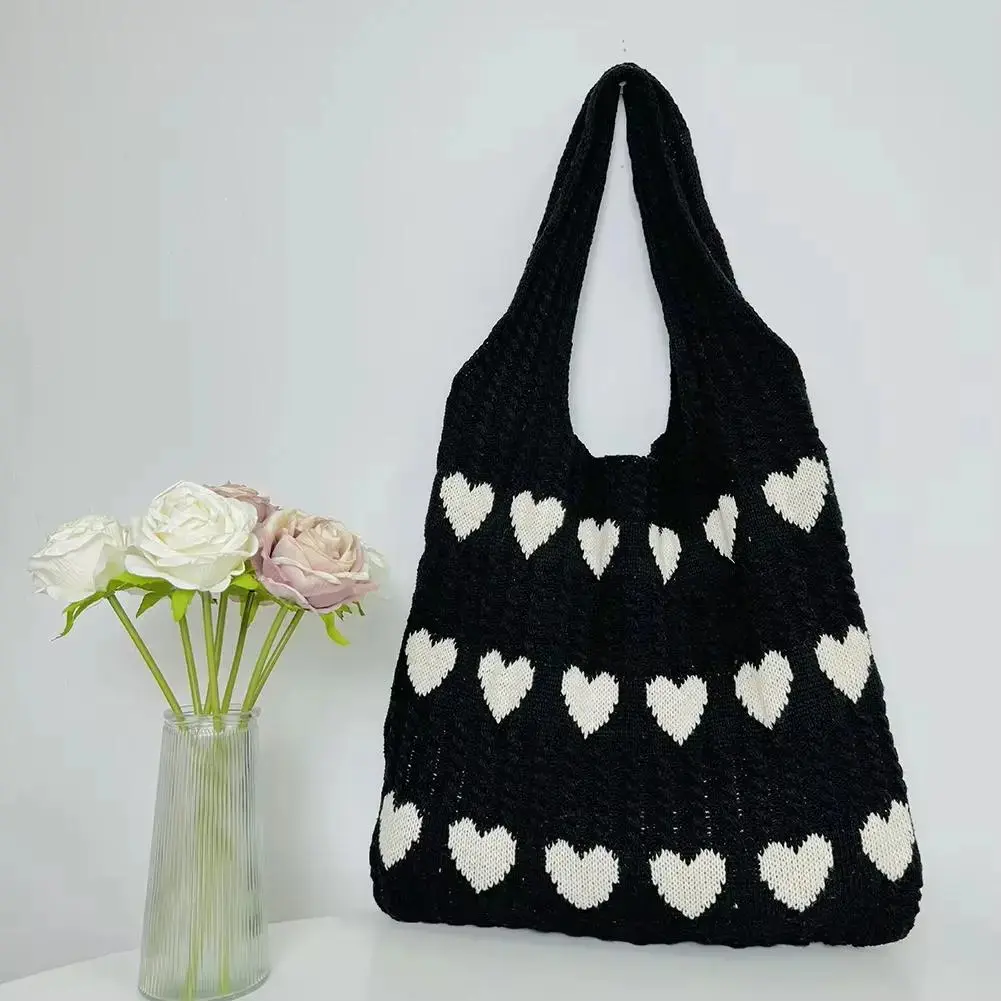 Women Knit Tote Bag Crochet Shoulder Bag Love Heart Pattern Handbags Aesthetic Everyday Knitted Bag Straps for Handbags Handmade Handcrafted Fashionable Unique Bags