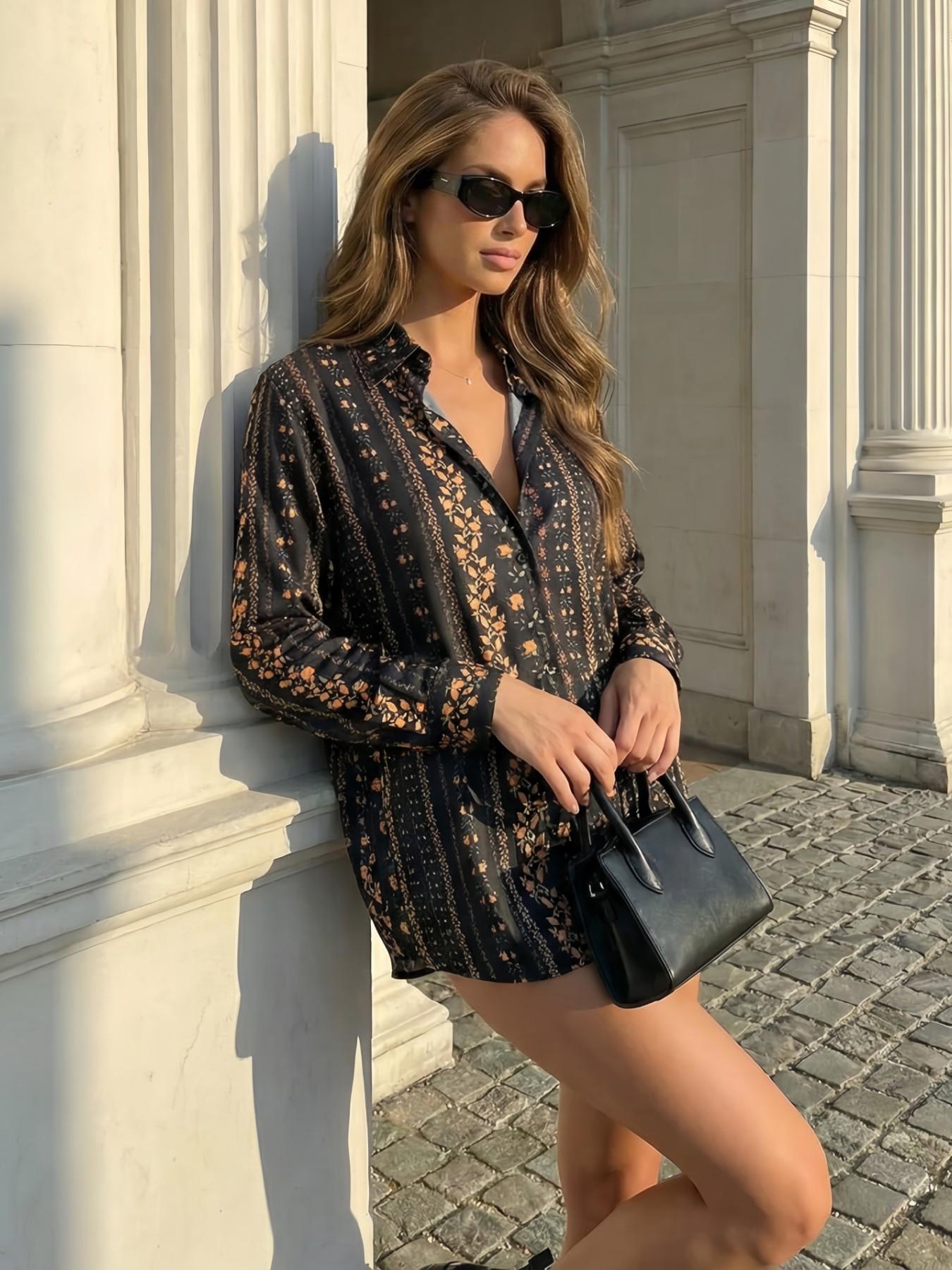 Women's Loose Long Sleeve Shirt, Elegant Inner Layer Casual Top, All-Over Pattern Design, Spring Fashion 2026 New Arrival