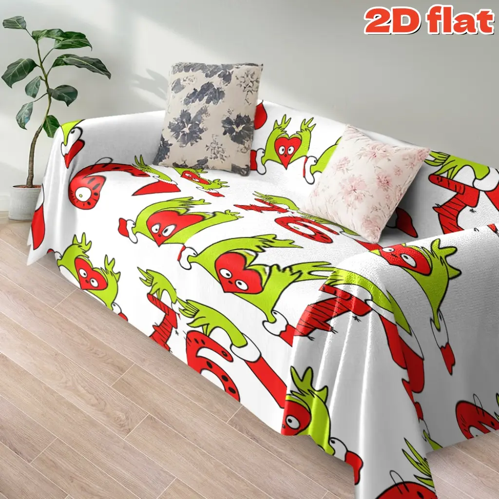 2D flat 1Pc Creative Grinch Christmas Cartoon sofa blanket, with a playful monster and heart pattern - suitable for all seasons, pet friendly, scratch resistant dust-proof protective cover, machine washable, single to 4-person s