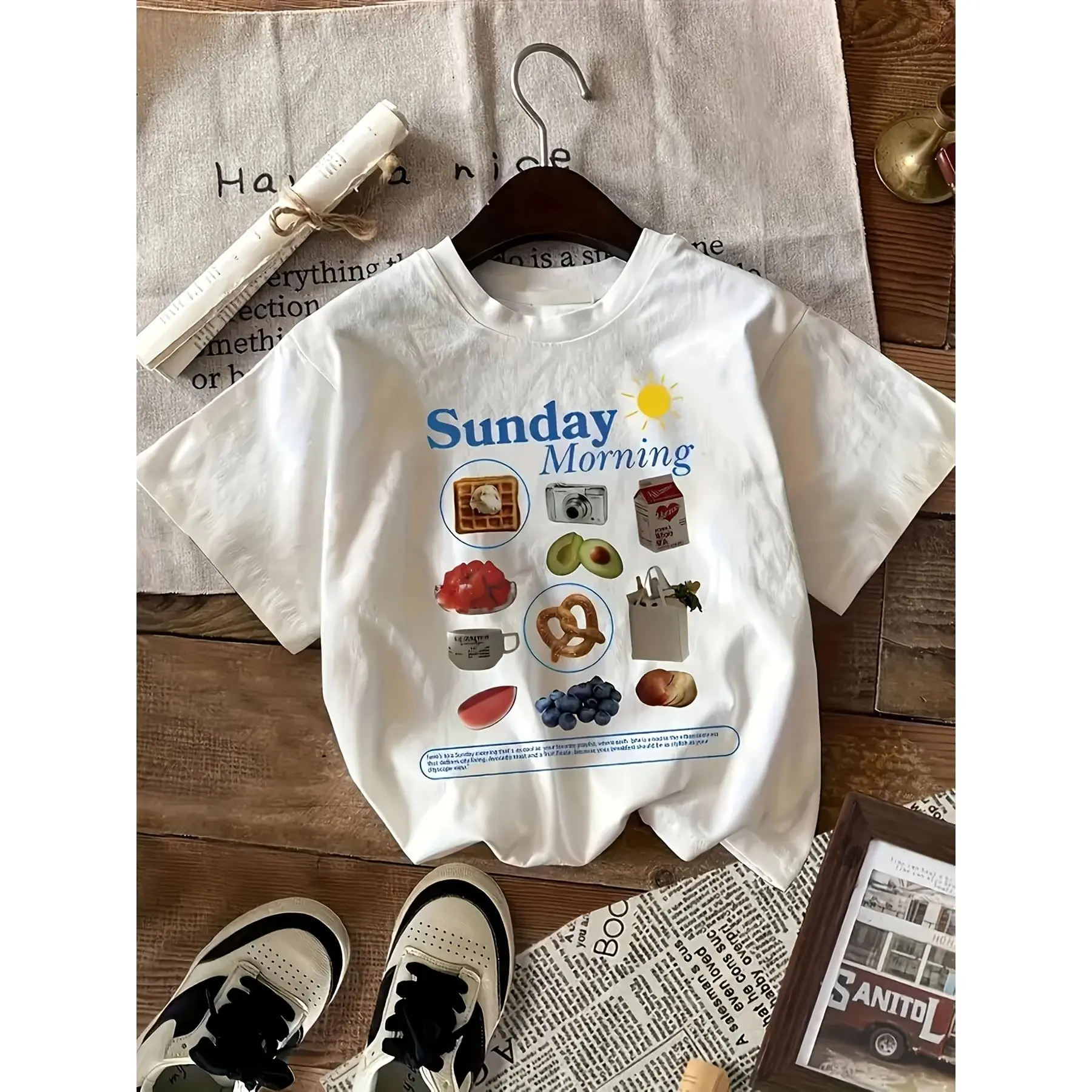 Retro Sunday Morning Breakfast Food Print T‑Shirt 100% Cotton Oversized Unisex Casual Aesthetic Tee