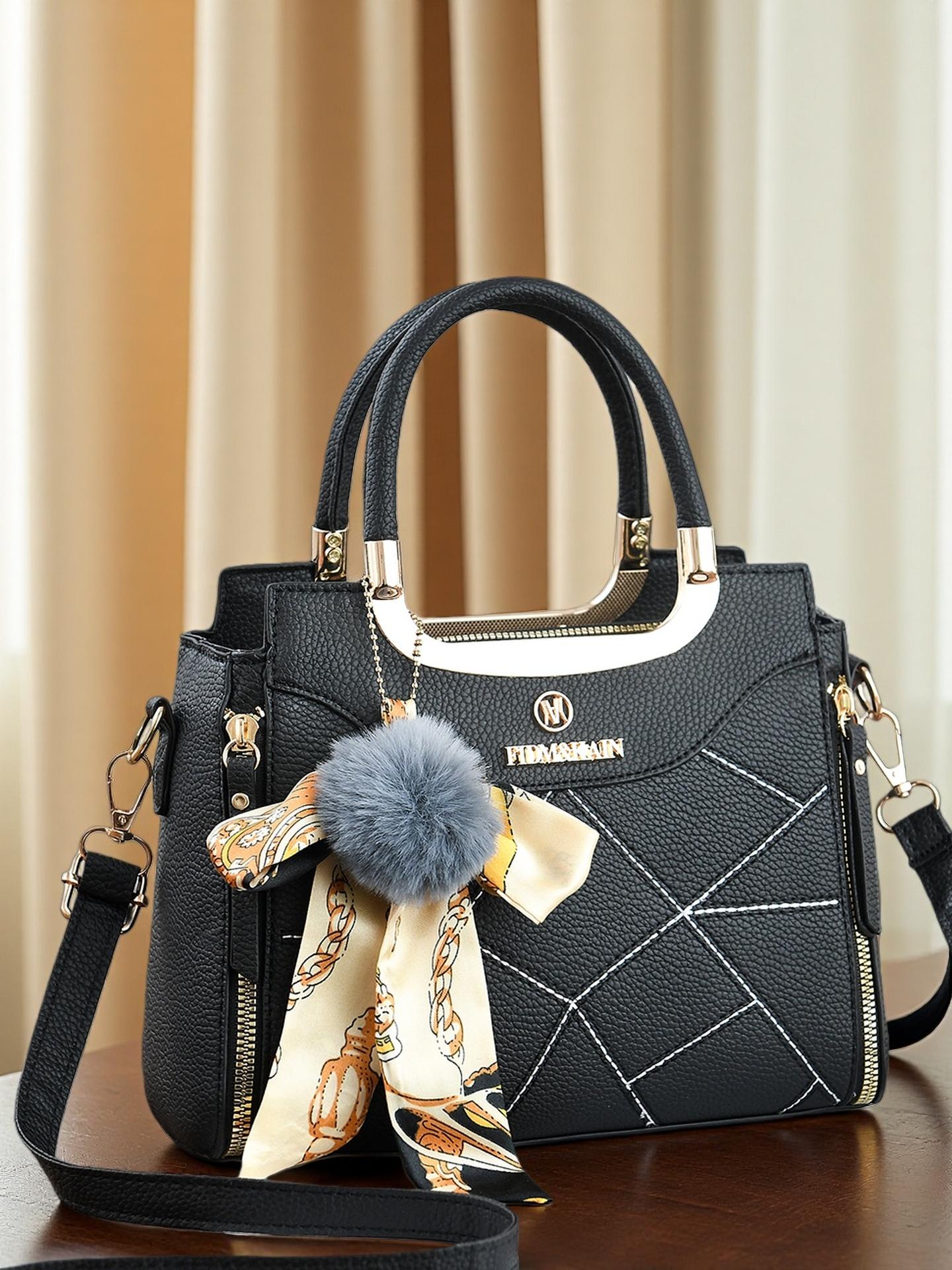 Large Capacity Women's Handbag, Stylish Durable Satchel for Daily Use, Elegant Plush Pendant, Available in Multiple Colors