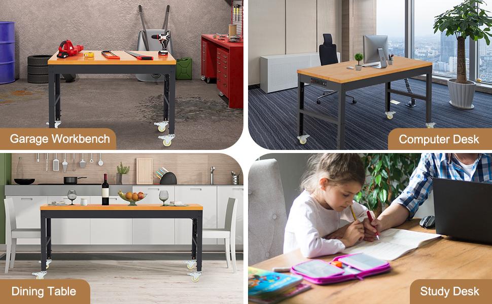 Height Adjustable Workbench with Wheels 60" 2000 Lbs Capacity Solid Wood Work Station Heavy-Duty Rolling Work Tables for Garage Party Shop Office